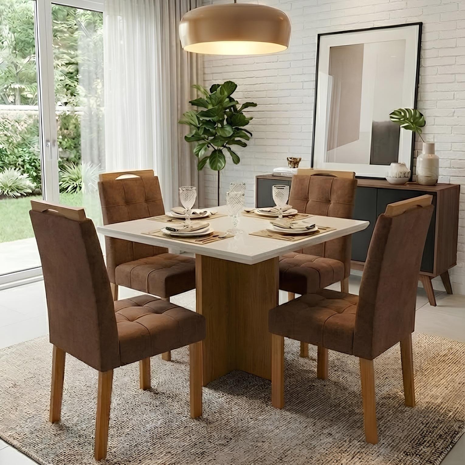 Mesa Salinas 90 (Tampo Dakota c/ vidro) Cinamomo/Off White com 4 Cadeiras Sophia Veludo Marrom – CEL MÓVEIS + WM DECOR