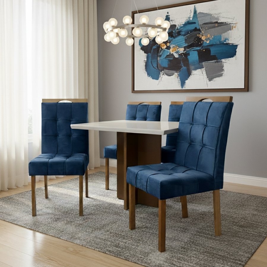 Mesa Salinas 90 (Tampo Dakota c/ vidro) Cinamomo/Off White com 4 Cadeiras Sophia Veludo Azul – CEL MÓVEIS + WM DECOR - Imagem 3