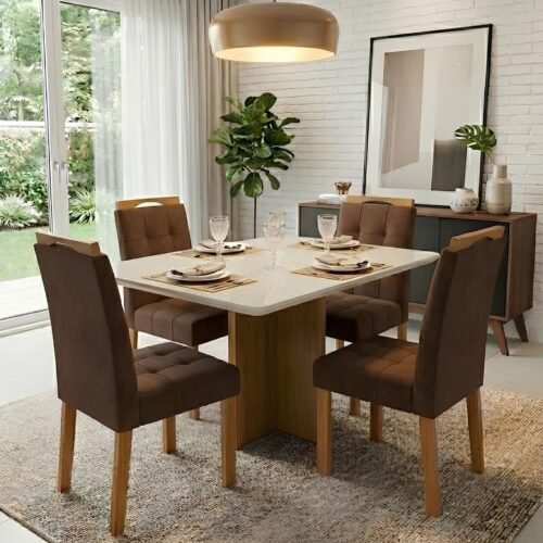 Mesa Salinas 120 Cinamomo/Off White com 4 Cadeiras Sophia Veludo Marrom – CEL MÓVEIS + WM DECOR