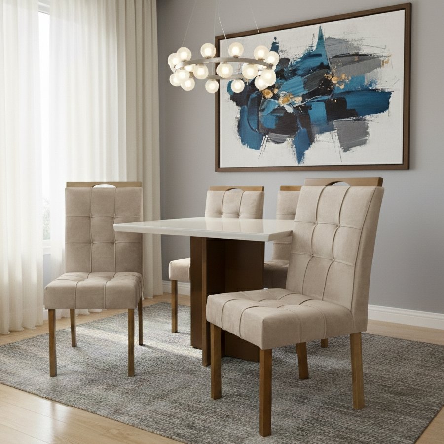 Mesa Salinas 90 (Tampo Dakota c/ vidro) Cinamomo/Off White com 4 Cadeiras Sophia Veludo Bege – CEL MÓVEIS + WM DECOR - Imagem 3