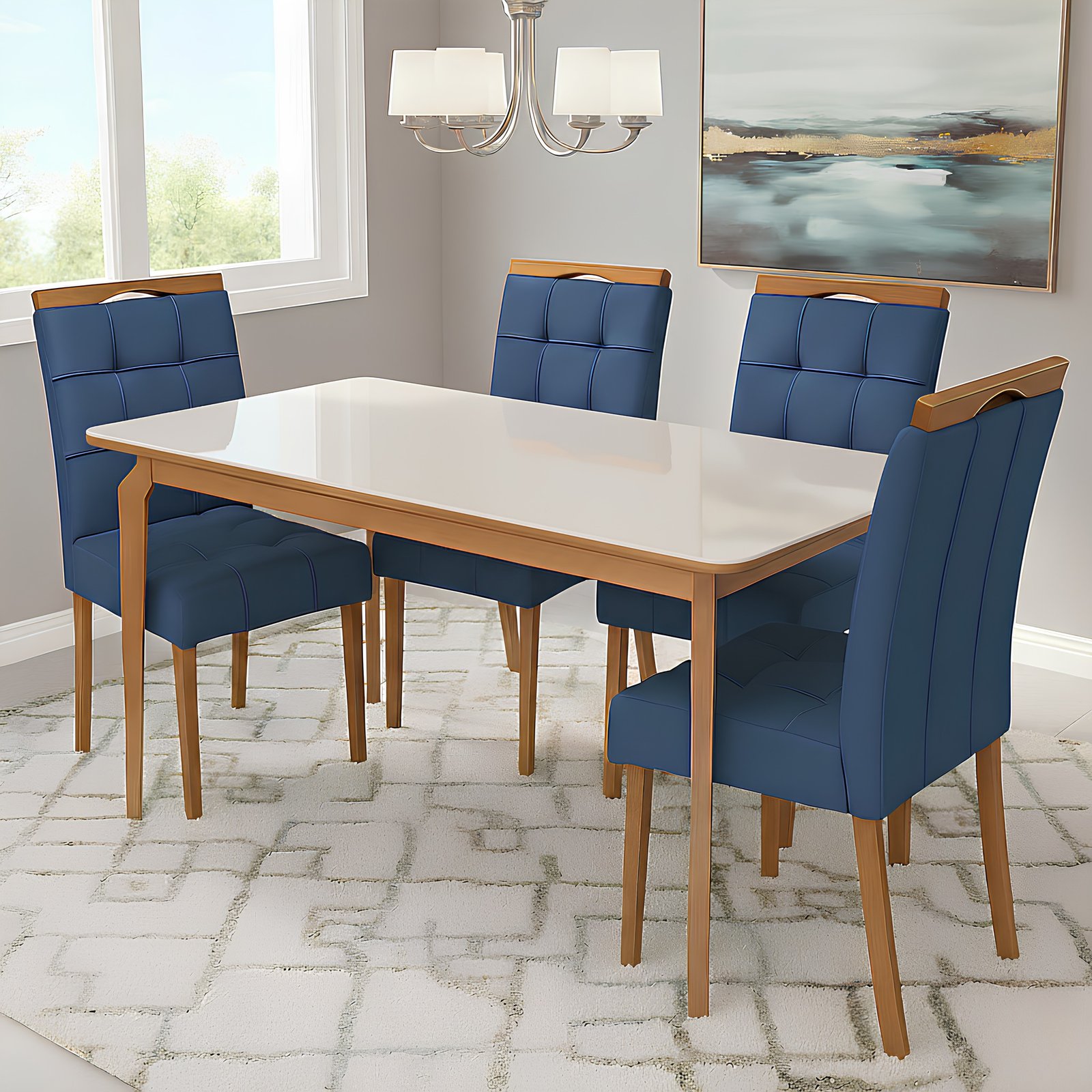 Mesa Alegra 120 Cinamomo/Off White com 4 Cadeiras Sophia Veludo Azul – JCM MOVELARIA + WM DECOR