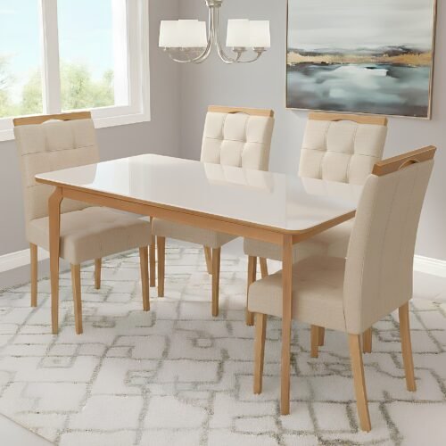 Mesa Alegra 120 Cinamomo/Off White com 4 Cadeiras Sophia Veludo Bege – JCM MOVELARIA + WM DECOR