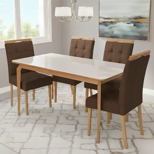 Mesa Alegra 120 Cinamomo/Off White com 4 Cadeiras Sophia Veludo Marrom – JCM MOVELARIA + WM DECOR
