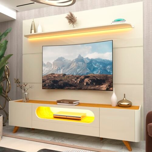 Alternative view of Painel até 85″ Royal 220 Off White + Rack Nobre 210 (Pés de Madeira) Off White/Naturale – GELIUS