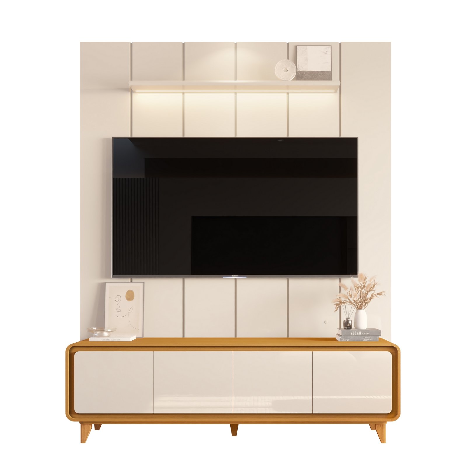 Painel até 75″ Lumi 1,88 m Off White + Rack Liv 1,80 m Cedro/Off White – EDN MÓVEIS - Imagem 6
