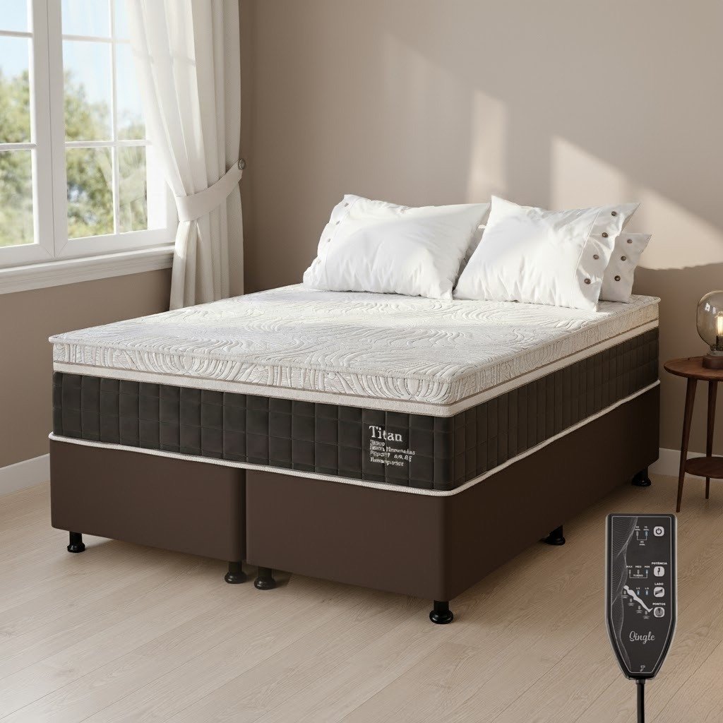 Colchão Queen Massageador Titan/Thor 34 cm D28 Molas Ensacadas + Base Box Simples Corino Marrom – VIERO + BIOSTAR