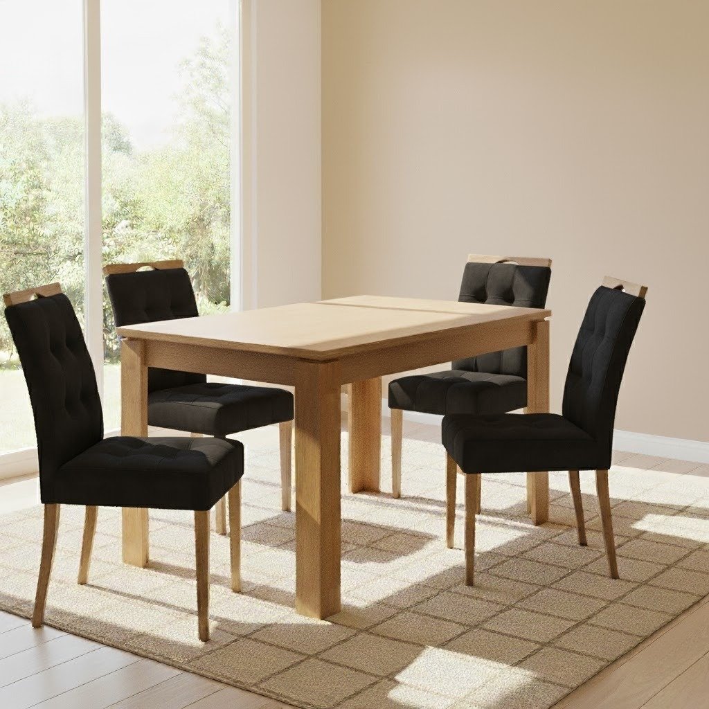 Mesa Athenas 120 Amêndoa Clean com 4 Cadeiras Sophia Veludo Preto – LOPAS + WM DECOR