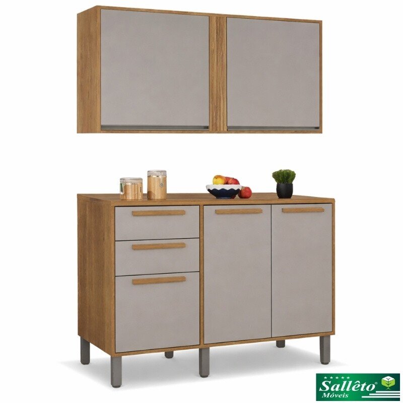 Balcão Flórida cinamomo/Off 3 Portas 2 Gavetas + Aéreo Cozinha Pérola Cinamomo/Off 2 Portas Larg. 1.20m - Sallêto - Imagem 3