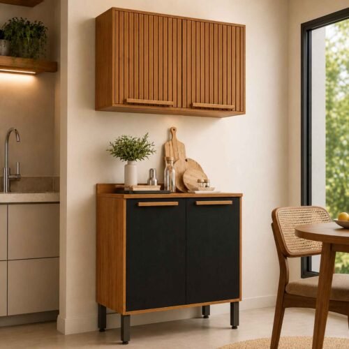 Balcão Larg. 0.80m Cozinha Flórida Cinamomo/Preto + Aéreo 2 Portas Ripado Larg. 0.80m Cozinha Florida Cinamomo - Sallêto