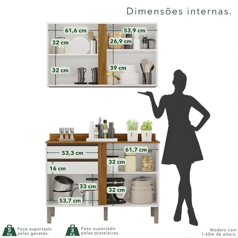 Balcão Pérola Branco/Cinamomo 2 Portas e 2 Gavetas Larg 1.20m + Aéreo Pérola 2 Portas Branco/Cinamomo Larg. 1.20m - Sallêto - Imagem 5