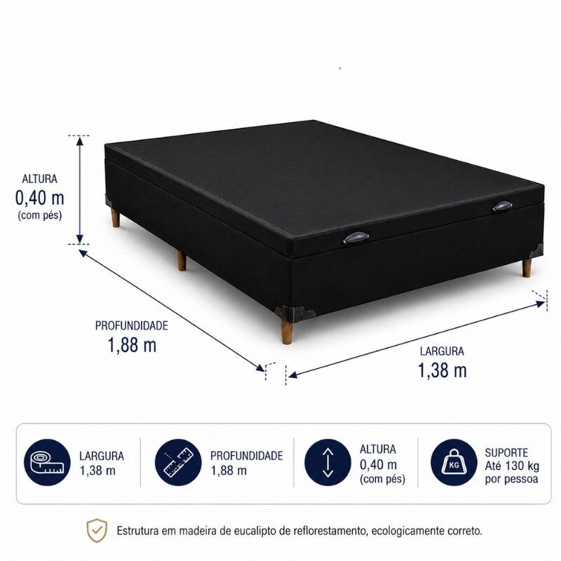 Colchão Casal Dom Molas Ensacadas + Base Box Baú Casal Carioca Sued Preto 138x188x72 Blindado - Bioflex | Suporta até 240kg - Imagem 13
