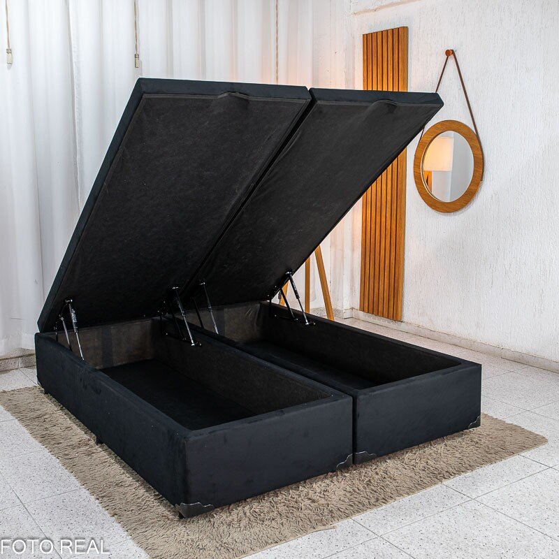 Base Box Baú Queen Bipartido Confort Sued Preto Blindado 158x198x45 - Issacar