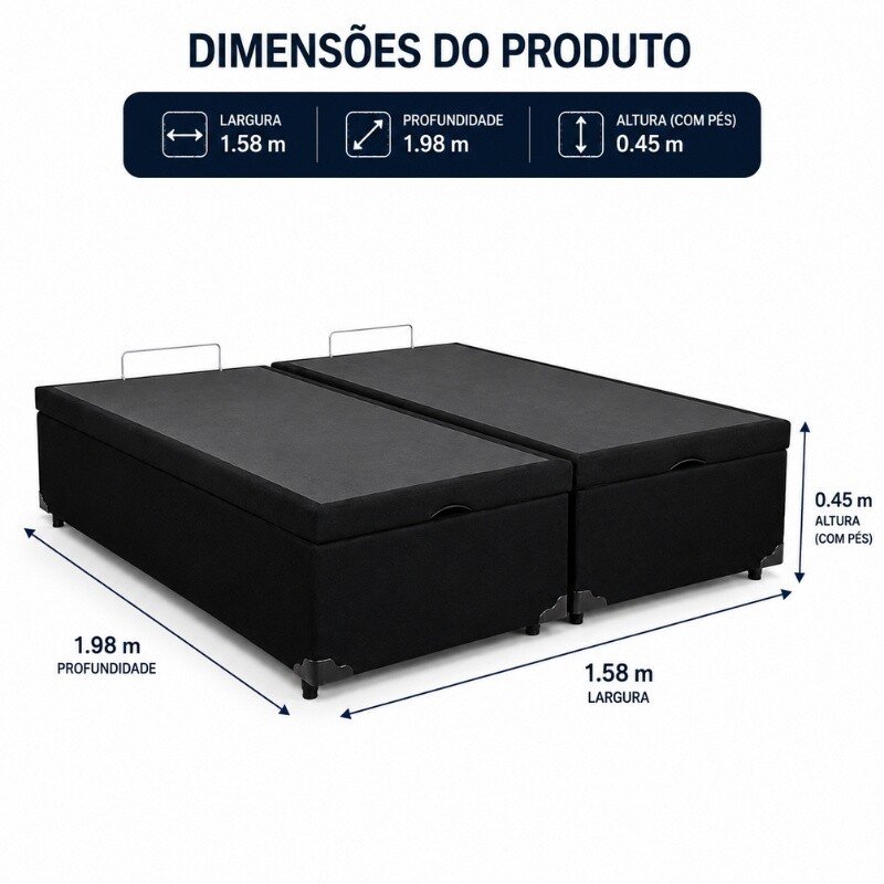 Base Box Baú Queen Bipartido Confort Sued Preto Blindado 158x198x45 - Issacar - Imagem 2