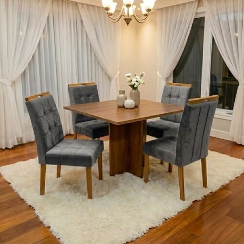 Mesa Salinas 100 (Tampo Dakota s/ vidro) Cinamomo com 4 Cadeiras Sophia Veludo Cinza Grafite – CEL MÓVEIS + WM DECOR