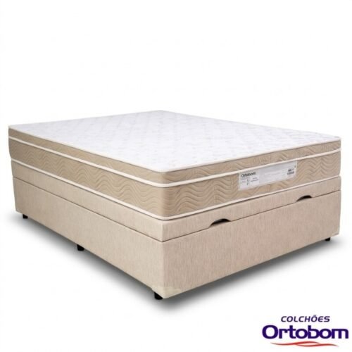 Colchão Casal Airtech Springpocket Molas Ensacadas Ortobom + Base Box Baú Casal Prime Confort Corino Palha Blindado Issacar - 138x188x70 | Suporta até 240kg