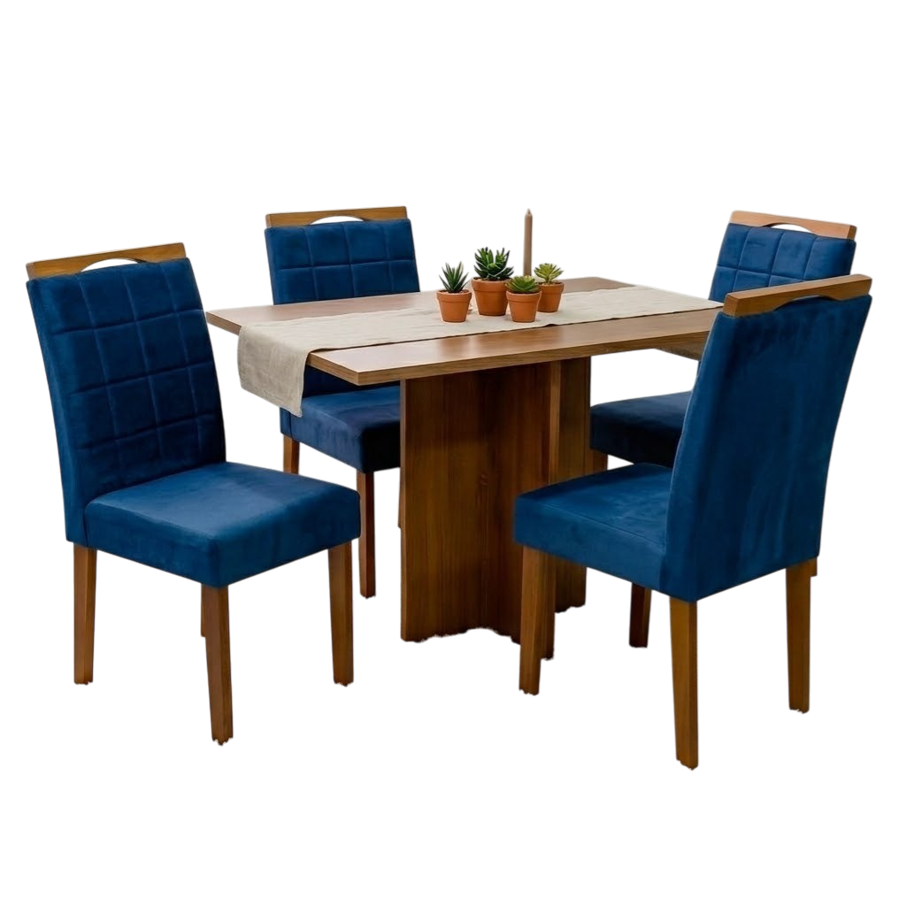 Mesa Salinas 100 (Tampo Dakota s/vidro) Cinamomo/Off White com 4 Cadeiras Las Vegas Veludo Azul 24 – CEL MÓVEIS + OURO DECOR - Imagem 2