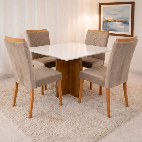 Mesa Salinas 120 Cinamomo/Off White com 4 Cadeiras Safira Veludo Bege – CEL MÓVEIS + WM DECOR
