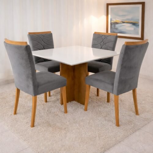 Mesa Salinas 90 Cinamomo/Off White com 4 Cadeiras Safira Veludo Cinza Grafite – CEL MÓVEIS + WM DECOR