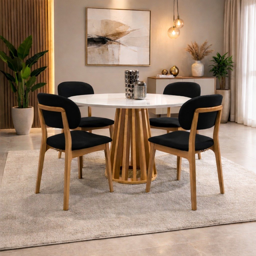Mesa Berlim 100 Cinamomo/Off White com 4 Cadeiras Gaya Linho Preto 09 – CEL MÓVEIS + J SILVA MÓVEIS