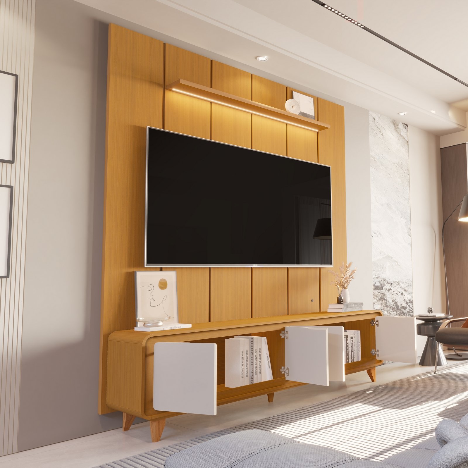 Painel até 75″ Lumi 1,88 m Cedro + Rack Liv 1,80 m Cedro/Off White – EDN MÓVEIS - Imagem 2