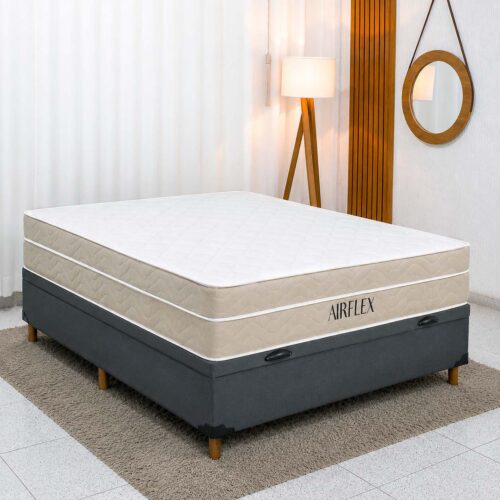 Colchão Casal Airflex Molas Ensacadas + Base Box Baú Casal Carioca Sued Cinza 138x188x70 Blindado - Bioflex | Suporta até 240kg