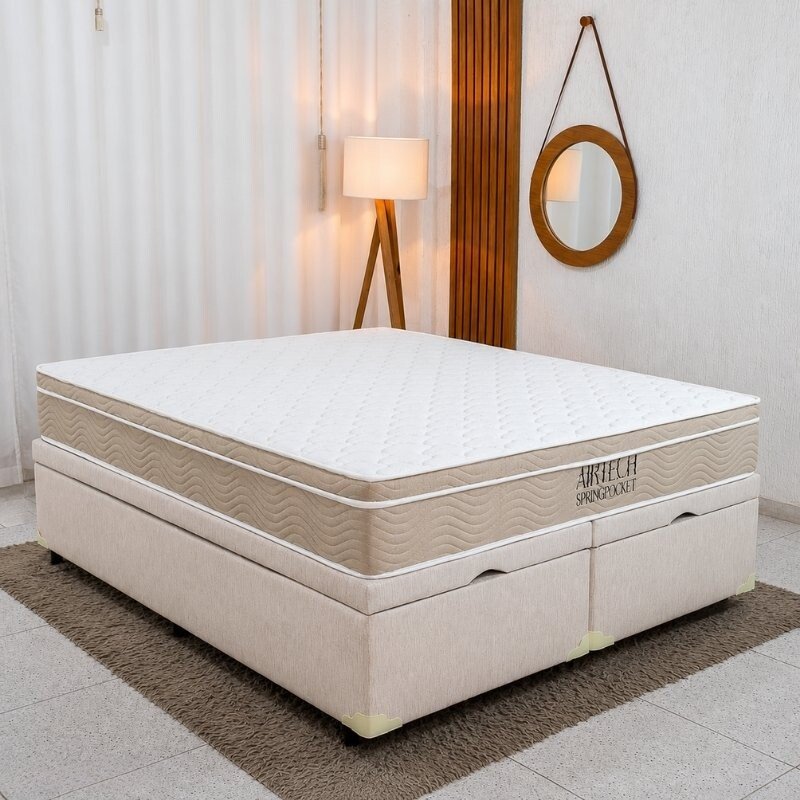 Colchão Queen Airtech Springpocket Molas Ensacadas - Ortobom + Base Box Baú Queen Bipartido Prime Confort Linhão Palha Blindado - Issacar 158x198x70 | Suporta até 240kg
