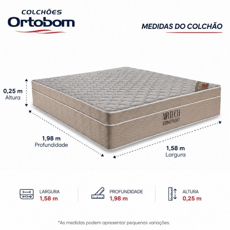 Colchão Queen Airtech Springpocket Molas Ensacadas - Ortobom + Base Box Baú Queen Bipartido Prime Confort Linhão Palha Blindado - Issacar 158x198x70 | Suporta até 240kg - Imagem 11