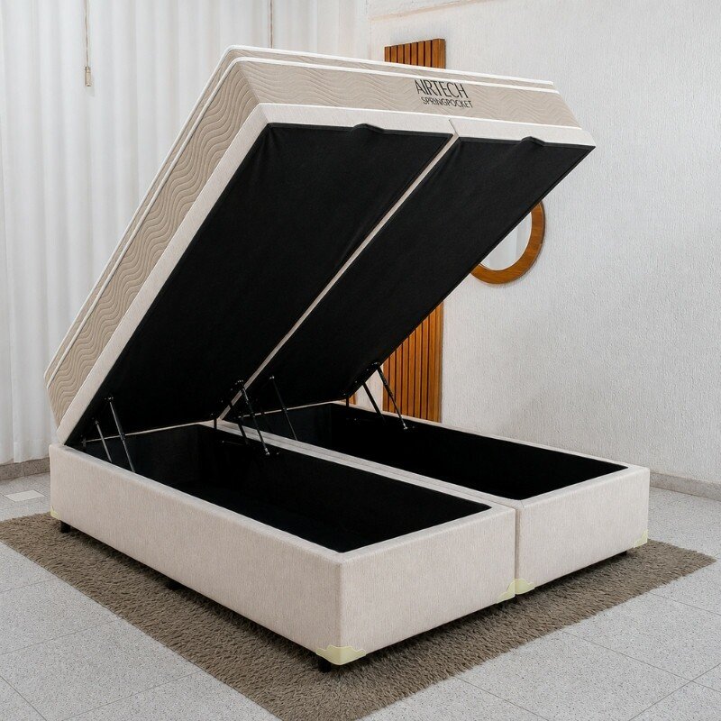 Colchão Queen Airtech Springpocket Molas Ensacadas - Ortobom + Base Box Baú Queen Bipartido Prime Confort Linhão Palha Blindado - Issacar 158x198x70 | Suporta até 240kg - Imagem 2