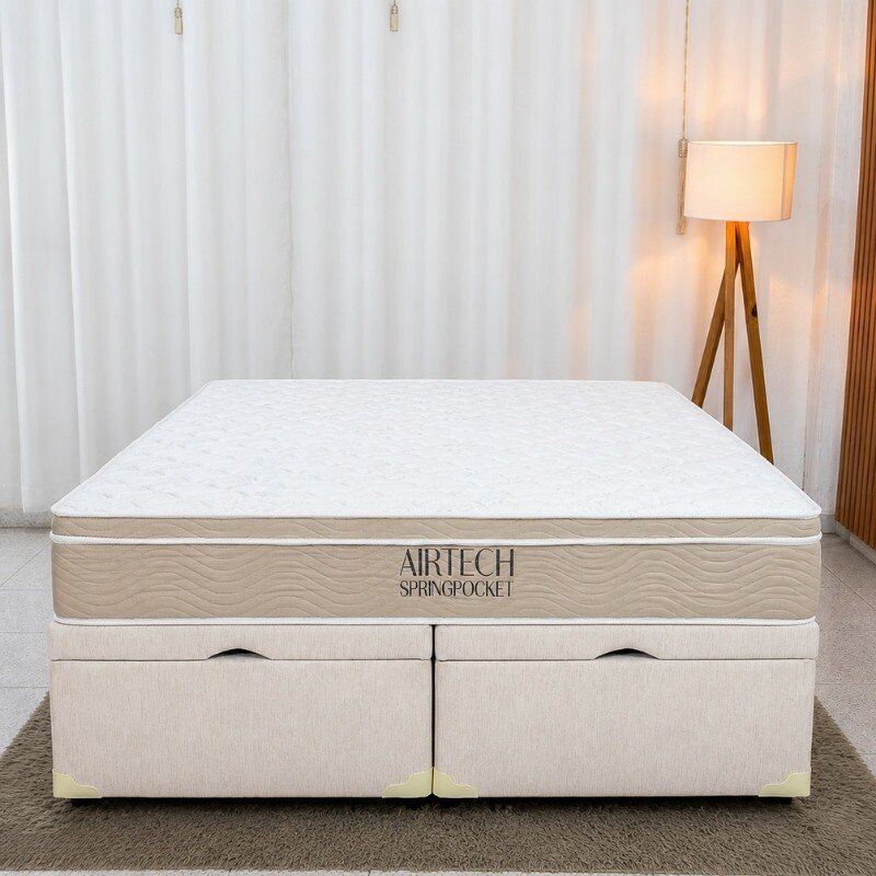 Colchão Queen Airtech Springpocket Molas Ensacadas - Ortobom + Base Box Baú Queen Bipartido Prime Confort Linhão Palha Blindado - Issacar 158x198x70 | Suporta até 240kg - Imagem 4