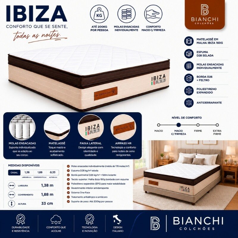 Colchão Casal Ibiza Molas Ensacadas - Bianchi + Base Box Baú Casal Prime Confort Corino Palha Blindado - Issacar 138x188x78 | Suporta até 400kg - Imagem 8