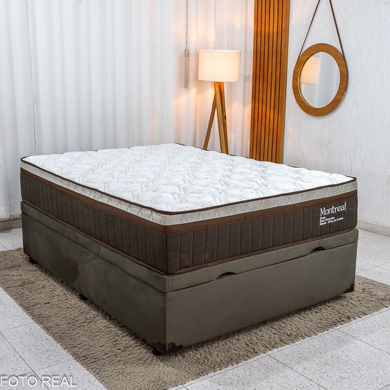 Colchão Casal Montreal Molas Ensacadas - Viero + Base Box Casal Baú Prime Confort Sued Marrom Blindado 138x188x77 - Issacar | Suporta até 260kg