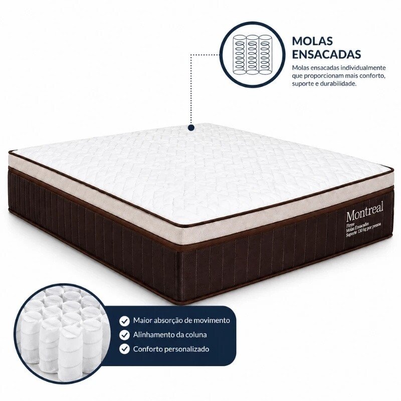 Colchão Casal Montreal Molas Ensacadas - Viero + Base Box Casal Baú Prime Confort Sued Marrom Blindado 138x188x77 - Issacar | Suporta até 260kg - Imagem 12