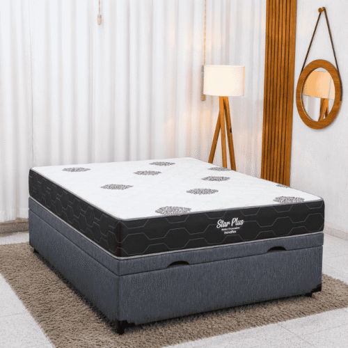 Colchão Casal Star Plus Molas Ensacadas Pocket Inovaflex + Base Box Baú Casal Prime Confort Corino Petróleo Blindado Issacar 138x188x70 | Suporta até 120kg