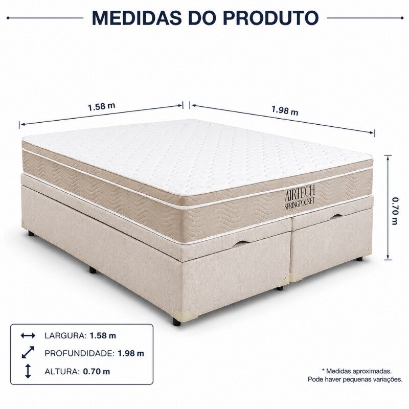 Colchão Queen Airtech Springpocket Molas Ensacadas - Ortobom + Base Box Baú Queen Bipartido Prime Confort Linhão Palha Blindado - Issacar 158x198x70 | Suporta até 240kg - Imagem 9