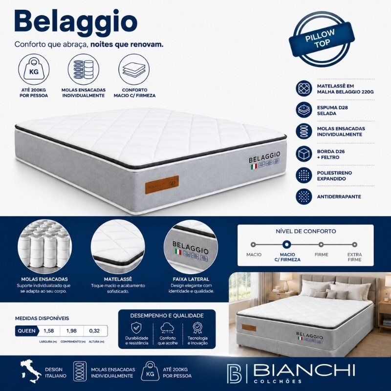 Colchão Queen Belaggio 158x198x32 Molas Ensacadas - Bianchi | Suporta até 400kg - Imagem 3