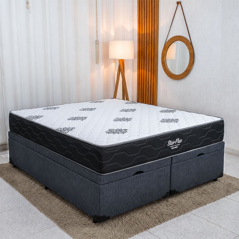 Colchão Queen Star Plus Molas Ensacadas Pocket - Inovaflex + Base Box Baú Queen Bipartido Prime Confort Linhão Petróleo Blindado - Issacar 158x198x70 | Suporta até 240kg