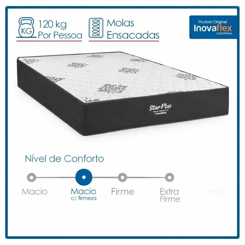 Colchão Queen Star Plus Molas Ensacadas Pocket - Inovaflex + Base Box Baú Queen Bipartido Prime Confort Linhão Petróleo Blindado - Issacar 158x198x70 | Suporta até 240kg - Imagem 11