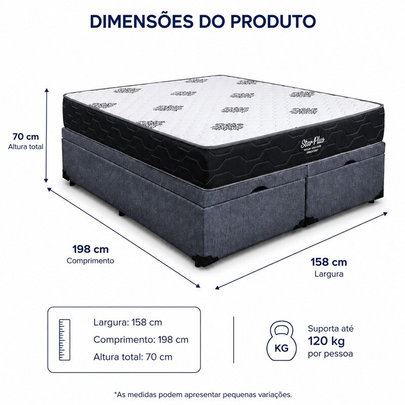 Colchão Queen Star Plus Molas Ensacadas Pocket - Inovaflex + Base Box Baú Queen Bipartido Prime Confort Linhão Petróleo Blindado - Issacar 158x198x70 | Suporta até 240kg - Imagem 8
