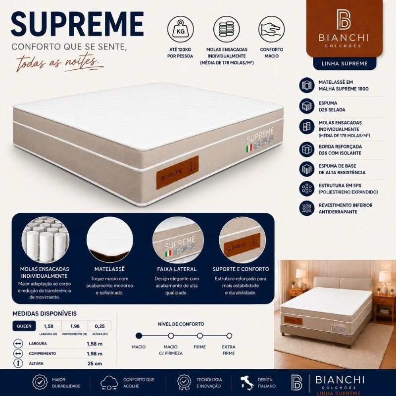 Colchão Queen Supreme 158x198x25 Molas Ensacadas - Bianchi | Suporta até 240kg - Imagem 5