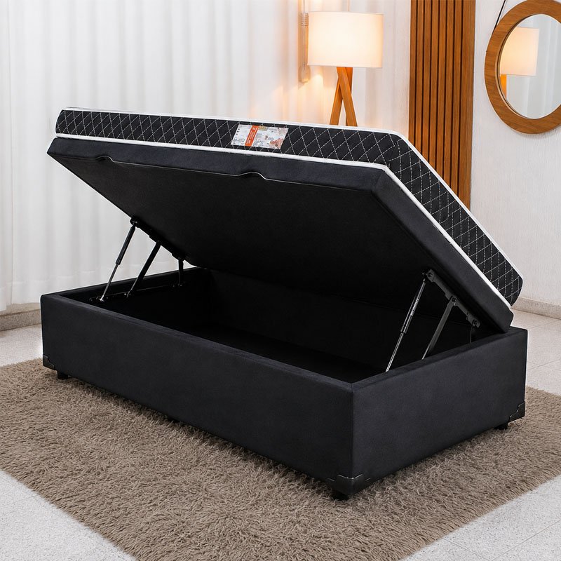 Colchão Solteiro Lotus Espuma D20 - Nosso Sonho + Base Box Baú Solteiro Prime Confort Sued Preto Blindado - Issacar 88x188x57 | Suporta até 60kg