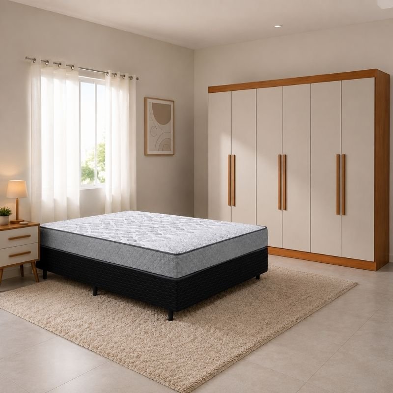 Combo Guarda-roupa Roma Larg. 1.77m Cinamomo/Off 6 Portas 2 Gavetas - Sallêto + Unibox Casal Supreme Ortopédico 138x188x53 Gazin | Suporta até 220kg