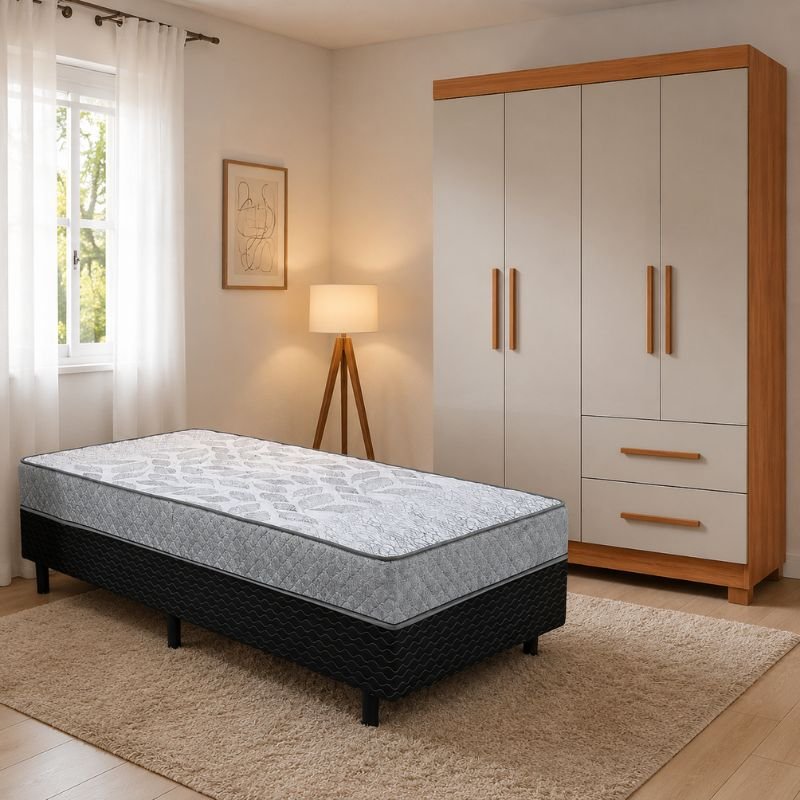 Combo Guarda-roupa Solteiro Estrela Cinamomo/Off 4 Portas C/ Pés Larg. 1.00m - Sallêto + UniBox Solteiro Supreme Natural D28 88x188x53 Cinza - Gazin
