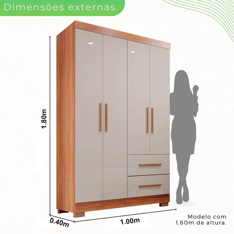 Combo Guarda-roupa Solteiro Estrela Cinamomo/Off 4 Portas C/ Pés Larg. 1.00m - Sallêto + UniBox Solteiro Supreme Natural D28 88x188x53 Cinza - Gazin - Imagem 4