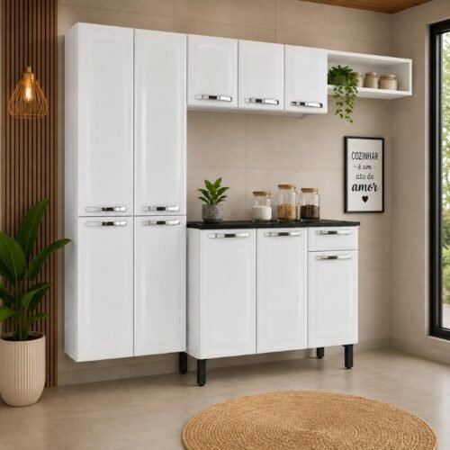 Cozinha Rose Branco 4 Peças 2.45m + Paneleiro + Aéreo 3 portas + Nicho geladeira + Balcão Rose - Itatiaia