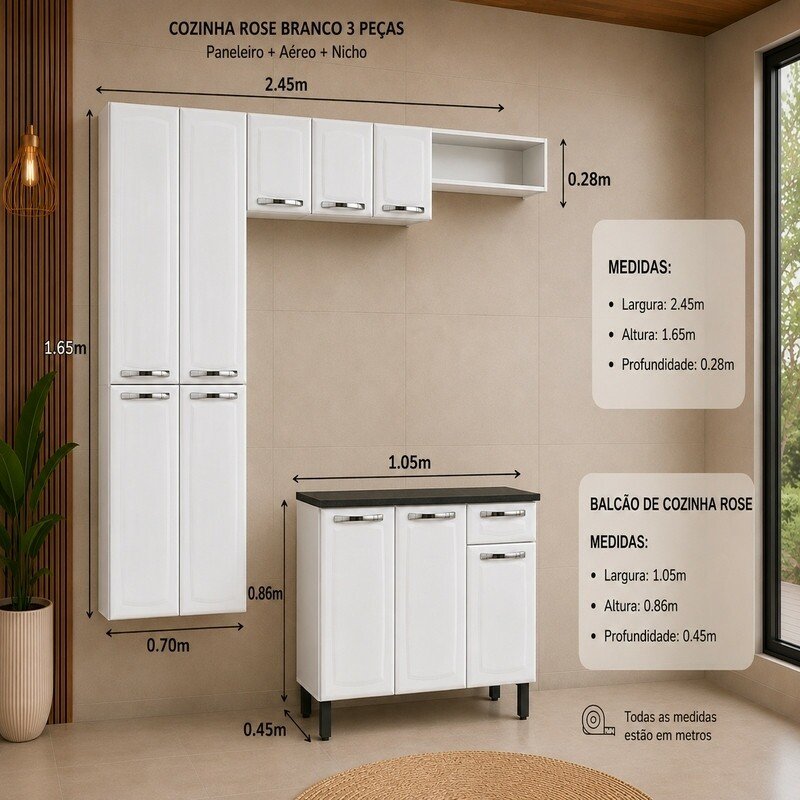 Cozinha Rose Branco 4 Peças 2.45m + Paneleiro + Aéreo 3 portas + Nicho geladeira + Balcão Rose - Itatiaia - Imagem 3