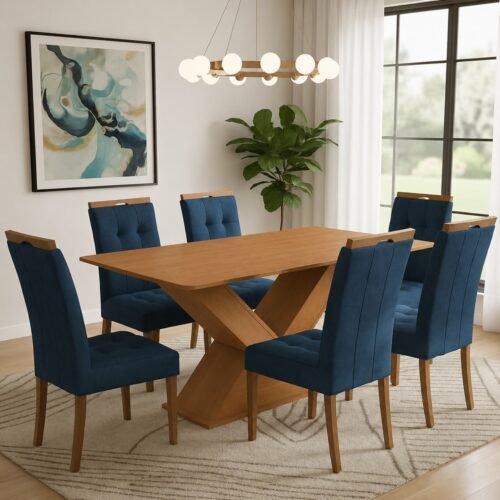 Mesa Amora BA35 160 (S/Vidro) Canela com 6 Cadeiras Sophia Veludo Azul – KAPPESBERG + WM DECOR