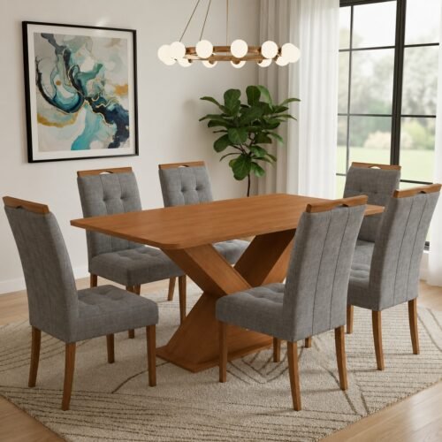 Mesa Amora BA35 160 (S/Vidro) Canela com 6 Cadeiras Sophia Linho Cinza Grafite 206 – KAPPESBERG + WM DECOR