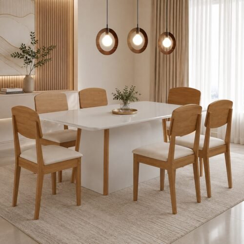 Mesa Tilia 180 Canto Copo Off White/Off White/Naturale com 6 Cadeiras Havana Veludo Creme – RUFATO