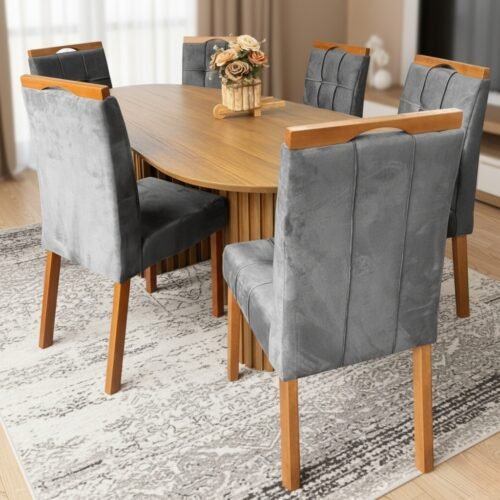 Mesa Isis 180 Freijó com 6 Cadeiras Sophia Veludo Cinza Grafite – LEIFER + WM DECOR