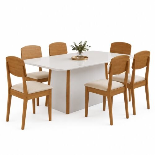 Alternative view of Mesa Tilia 180 Canto Copo Off White/Off White/Naturale com 6 Cadeiras Havana Veludo Creme – RUFATO